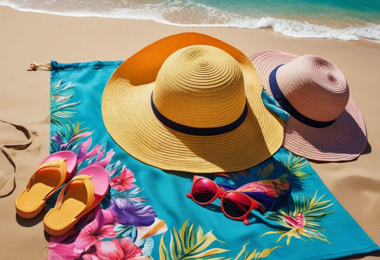 A stylish summer scene showcasing a vibrant beach setting with essential swim accessories such as colorful sunglasses, chic cover-ups, and trendy swimwear laid out on a sandy beach towel. Include a fashionable beach bag and a sunhat nearby, with a sparkling ocean in the background. Capture the essence of summer fashion with bright, cheerful colors and playful patterns. super-realistic. vibrant colors. tropical background.